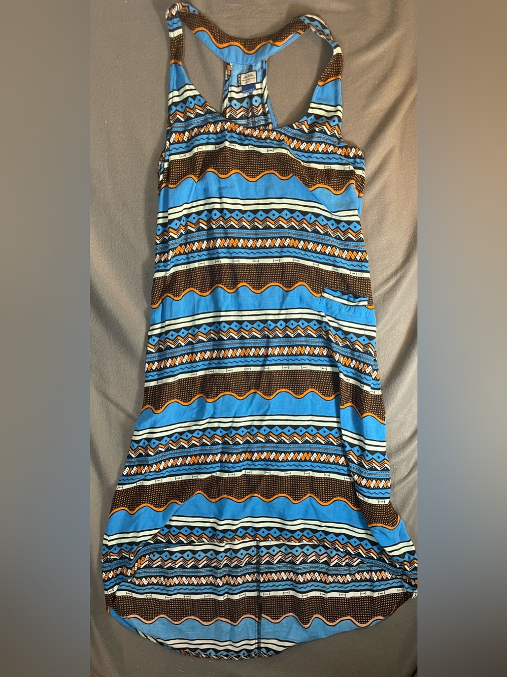 KAVU Joy Dress Medium Geometric Aztec Print Racerback High-Low Hem Pocket Blue
